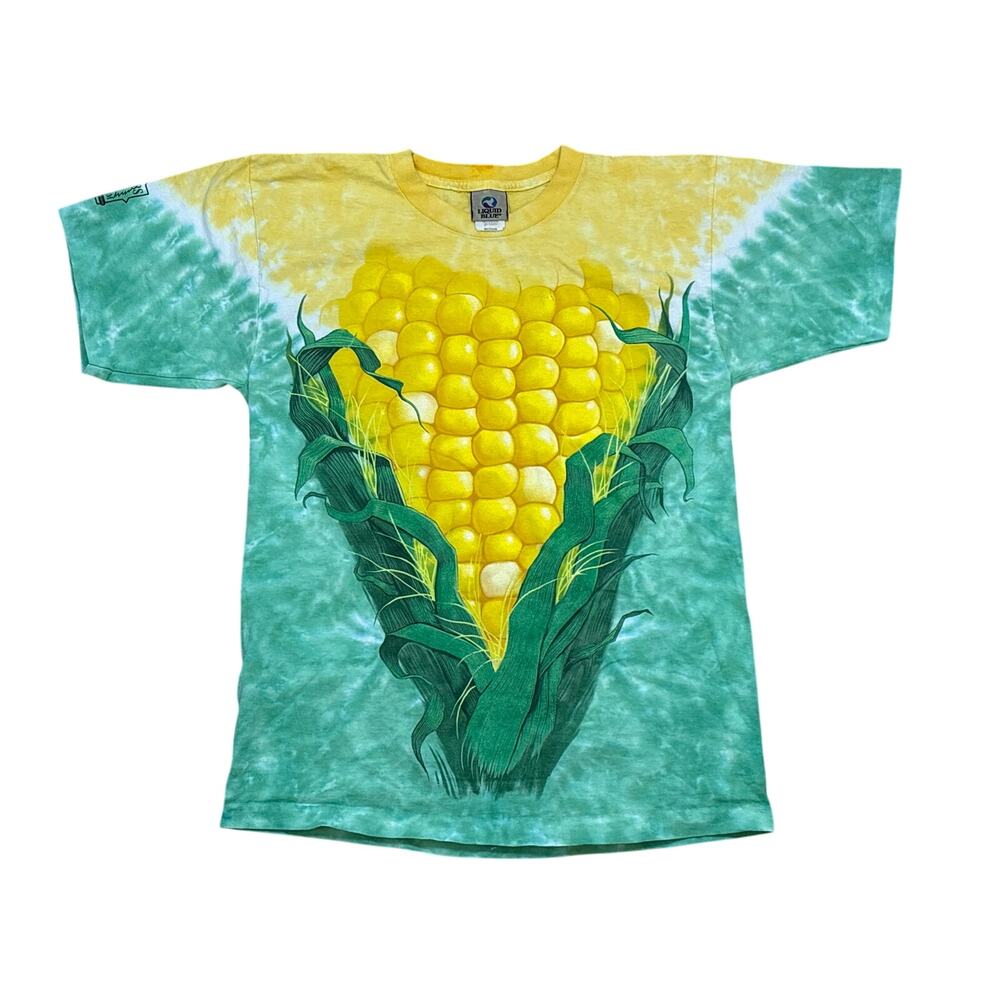 Vintage Y2K Liquid Blue Corn Cob Green Yellow Tie Dye Medium single stitch shirt